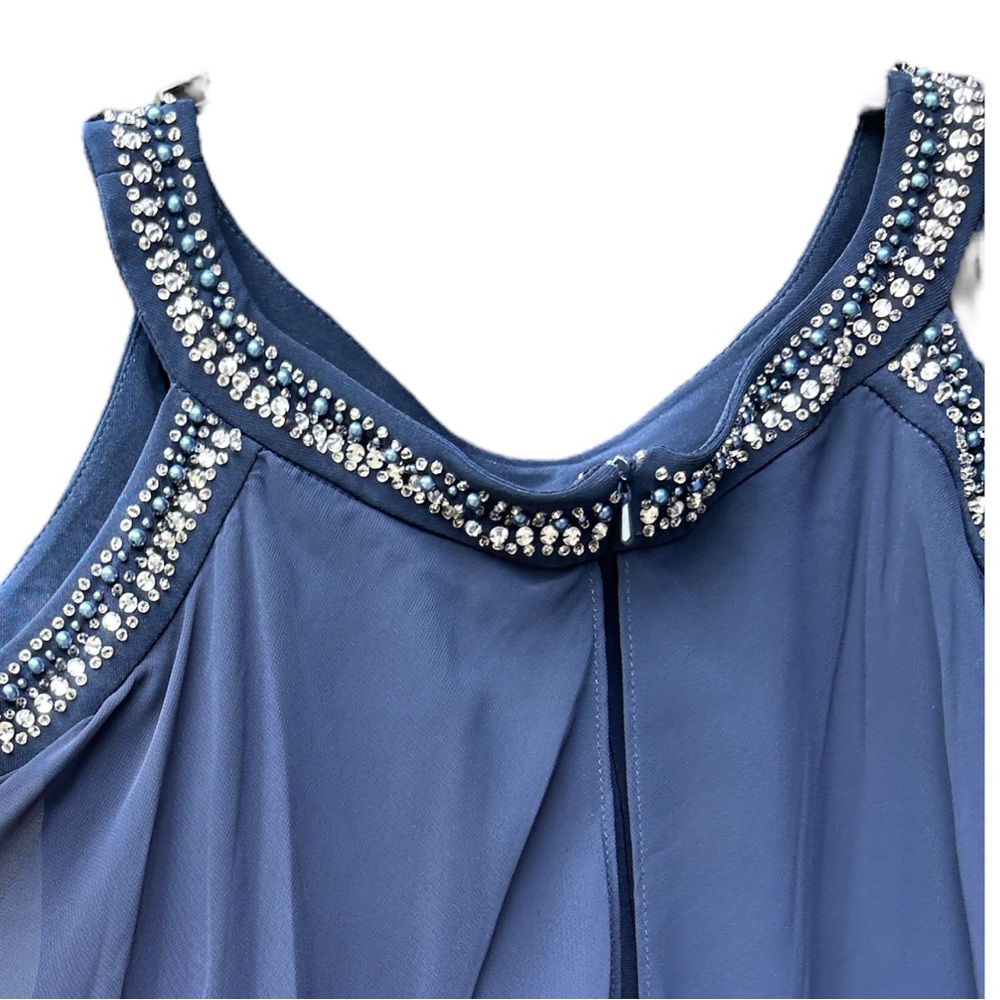NEW ALEX EVENINGS Gown Dress 18 Navy Embellished Chiffon Cold Shoulder Layered - Picture 3 of 4